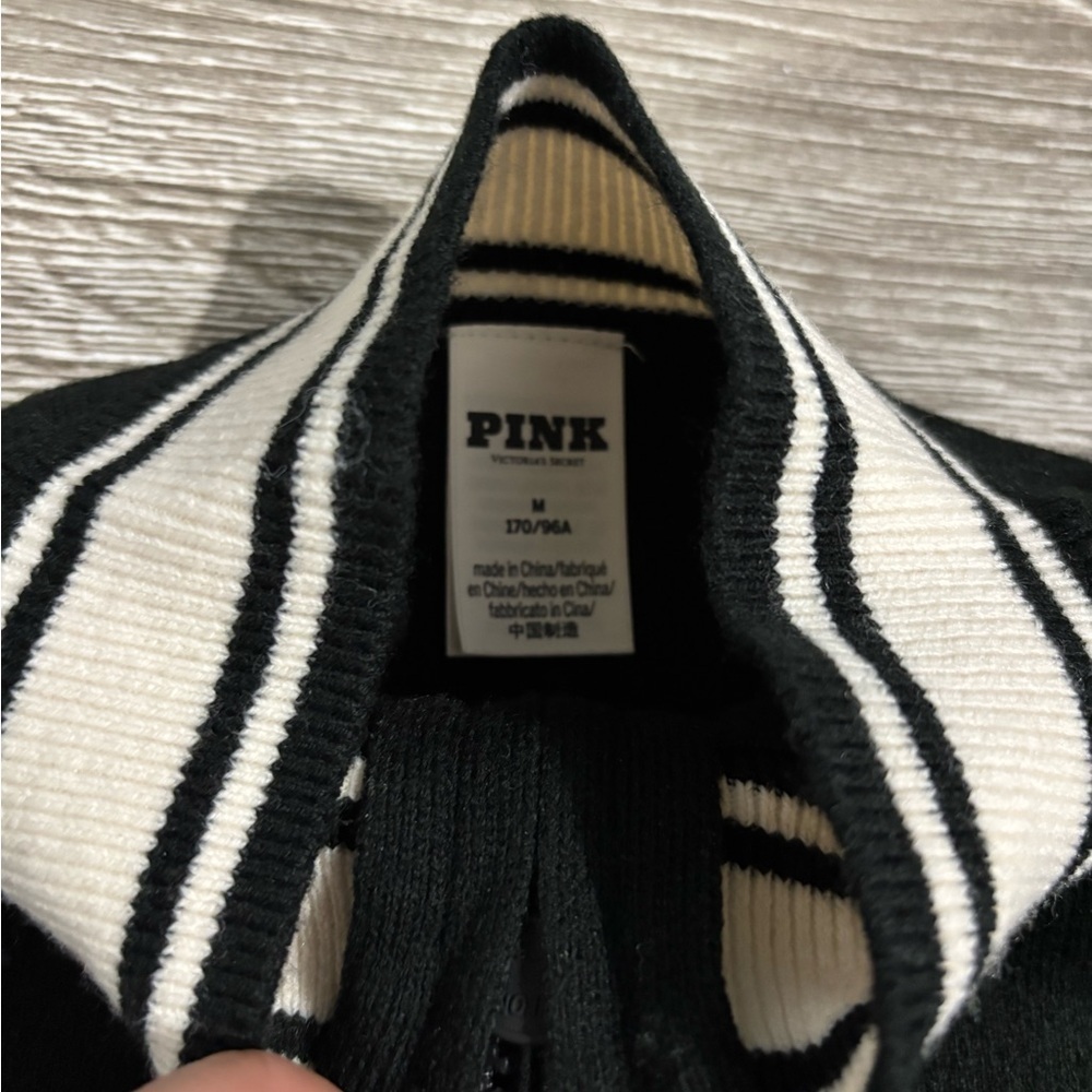 🍎🍎 SOLD🍎🍎PINK Victoria's Secret Black Varsity Jacket with White Stripes, Size: M - Picture 4 of 4